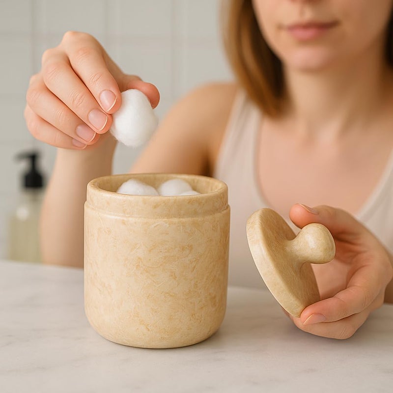 Creative Home Natural Champagne Marble Notch Collection Cotton Ball, Swab Holder Bathroom Storage Jar Container Organizer, 3.5" Diam. x 3.8" H, Beige - Image 3